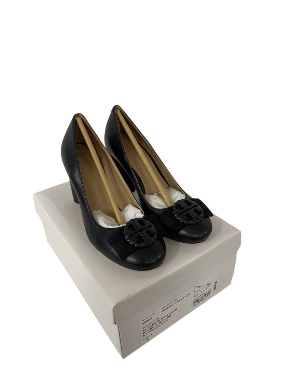 Tory Burch Elizabeth Bow 85mm Nappa Leather Pumps Navy Blue Size 5 45066 NWB
